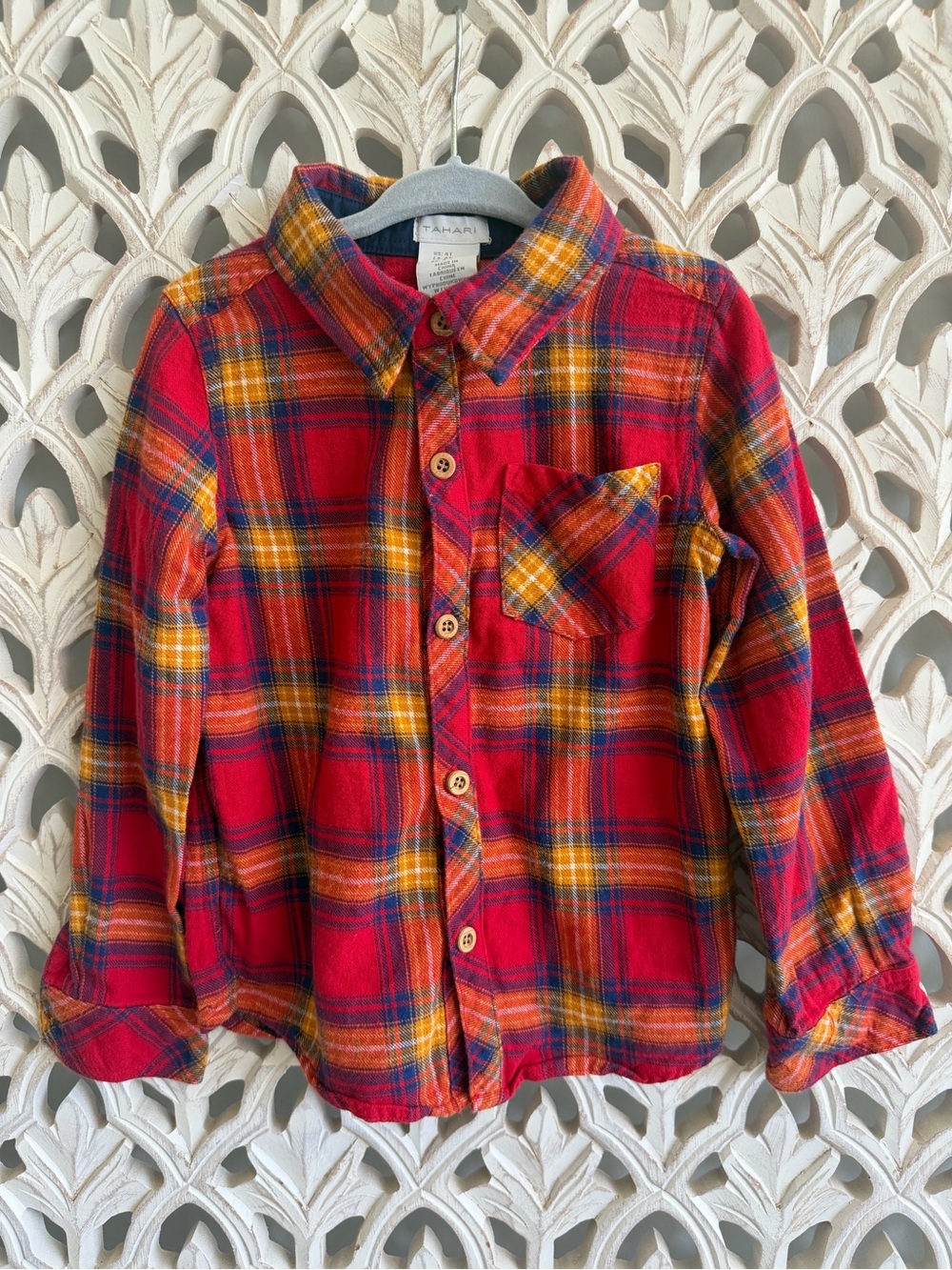 Tahari Boys Plaid Flannel Shirt Size 4T Red Orange Fall